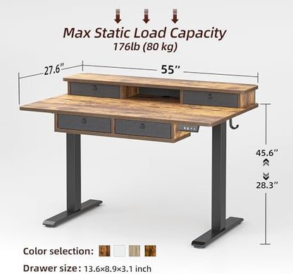 TIQLAB 55 * 28 Inch Standing Desk with Four Drawers, Electric Sit Stand Table, Stand Up Desk Adjustable Height with Storage Shelf, Splice Board, Rustic Brown