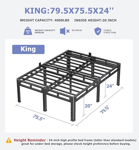 King Size Metal Platform Bed Frame, 24 Inch Dual-Layer Heavy Duty Base