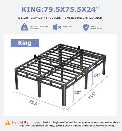 King Size Metal Platform Bed Frame, 24 Inch Dual-Layer Heavy Duty Base