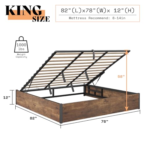 King Lift Up Storage Bed Frame, Rustic Brown