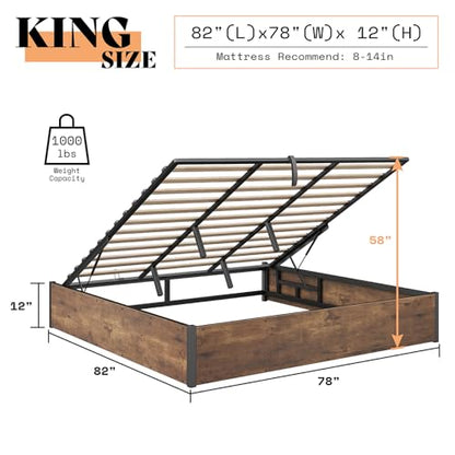 King Lift Up Storage Bed Frame, Rustic Brown