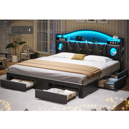 King Size Bed Frame with 6 Storage Drawers, King Bed Frame and Headboard