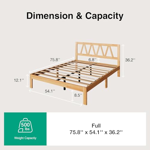 12 Inch Full Size Bed Frame Full Bed Frames with Headboard Solid Wooden BedFrame Foundation, No Box Spring Needed, Easy Assembly, Natural Grain Wood