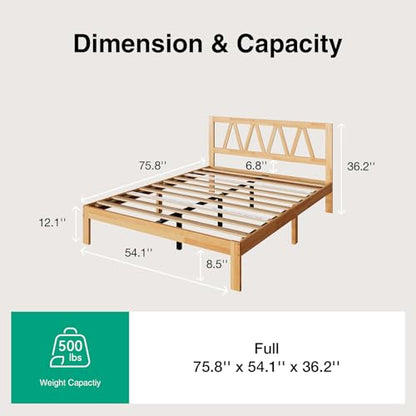 12 Inch Full Size Bed Frame Full Bed Frames with Headboard Solid Wooden BedFrame Foundation, No Box Spring Needed, Easy Assembly, Natural Grain Wood