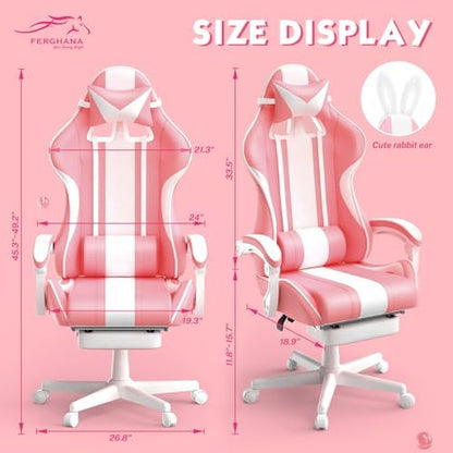 Ferghana Kawaii Pink Gaming Chair with Bunny Ears, Ergonomic Cute Gamer Chair with Footrest and Massage, Racing Reclining Leather Office Computer Game Chair 250lbs for Girls Adults Teens Kids