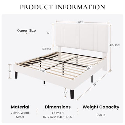 Queen Size Velvet Bed Frame with Adjustable Headboard, White