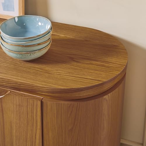 Maya Large Curved Modern Solid Oak Wood Veneer 70 Inch Sideboard TV Stand with Storage, Medium Brown Oak