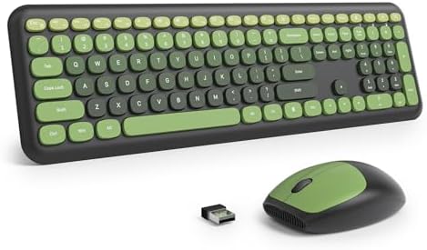 Surmen Dark Green Keyboard and Mouse Wireless Quiet, Full-Size Girly Cute Keyboard Mouse Retro Typewriter Low-Noise 2.4GHz for Computer, Desktop, Laptop (6-Black Green)
