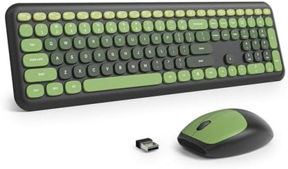 Surmen Dark Green Keyboard and Mouse Wireless Quiet, Full-Size Girly Cute Keyboard Mouse Retro Typewriter Low-Noise 2.4GHz for Computer, Desktop, Laptop (6-Black Green)