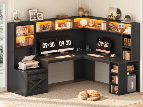68" Farmhouse L Shaped Computer Desk with Hutch, Storage Drawers