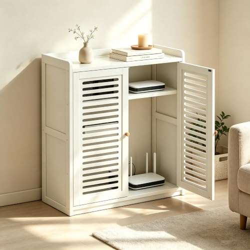 Router Storage Cabinet with Adjustable Shelves, Ventilated Doors, White
