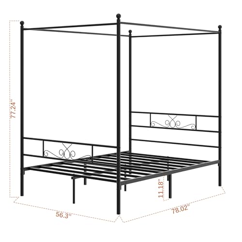 Full Metal Canopy Platform Bed Frame with Headboard, Black