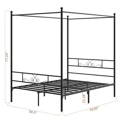 Full Metal Canopy Platform Bed Frame with Headboard, Black