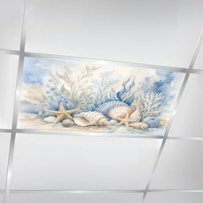 4 Pcs Fluorescent Light Covers for Ceiling Lights beige shells stars pebbles Magnetic Light Filters Decorative for Classroom Office Hospital Home 4x2 Ft