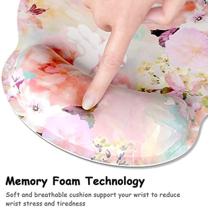 Ergonomic Mouse Pad with Wrist Support, Floral Memory Foam Wrist Rest Mouse Pads, Cute Computer Laptop Office Accessories Decor, Pain Relief Mousepad for Gaming Work Women Girls, Pink Flowers