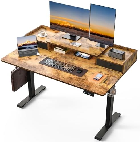 55 x 30 Inch Electric Standing Desk with 2 Drawers, Adjustable Height Widened Stand Up Desk with Storage, Sit to Stand Ergonomic Workstation for Home Office, Rustic Brown
