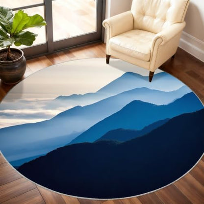 Mountain Round Rug - 6ft Washable Misty Mountain Round Area Rug for Living Room, Natural Landscape Circle Rugs Soft Non-Slip Carpet for Bedroom Dining Table Decor Mat