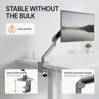 3IDEE FlexiLite Single Monitor Arm Desk Mount for 17-32" Screens, Holds up to 20 lbs, Slim Aluminium Design, Fully Adjustable & Flexible, Quick Box to Desk Setup, Clamp/Grommet Base, VESA 75/100