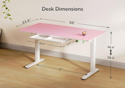 INNOVAR Glass Standing Desk with Drawers 55×24 Inch Morandi Powder