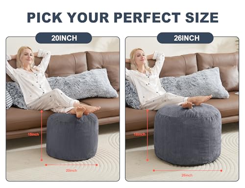 Pouf Ottoman, Corduroy Round Gray Foot Stools Ottomans, 20x15in