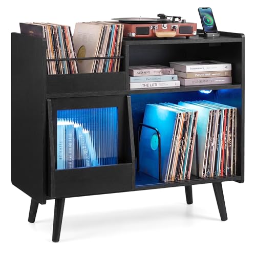 Large Record Player Stand with LED Light & Sliding Door, Black