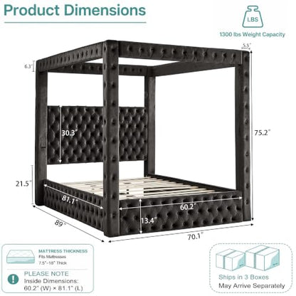 Queen Size Canopy Bed Frame, Velvet Upholstered Bed with Headboard, Black