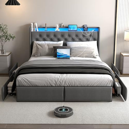 Upholstered Queen Size Bed Frame with 4 Storage Drawers and LED Lights