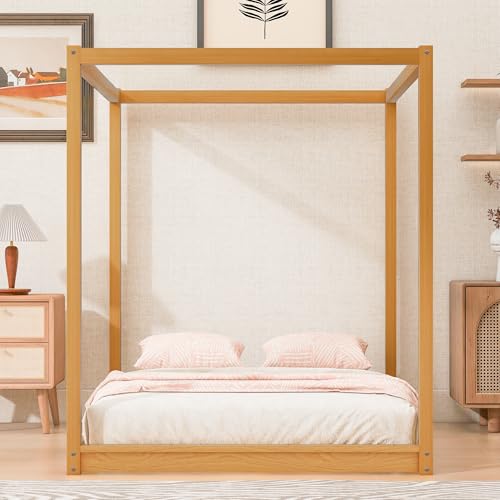 GDFStudio Queen Size Canopy Platform Bed with Support Legs, Solid Pine Wood and MDF Frame, Slat Support No Box Spring Needed, Modern Canopy Bed Frame, Natural