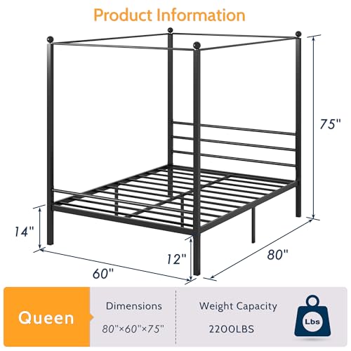 Canopy Bed Frame Queen, Four Poster Metal Frame, Black