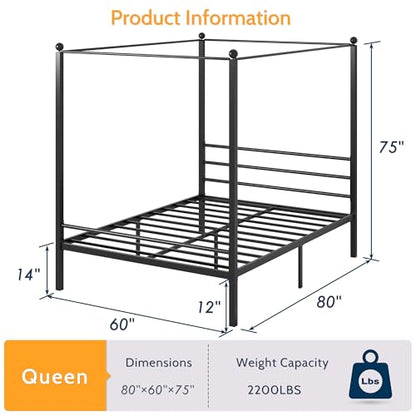 Canopy Bed Frame Queen, Four Poster Metal Frame, Black