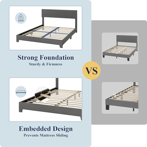 Full Size Upholstered Bed Frame Adjustable Headboard, Dark Grey