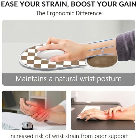 Mouse Pad with Gel Wrist Rest for Mouse Ergonomic Mouse Wrist Rest Non-Slip Silicone Cool Clear Checkered Mousepad with Wrist Support for Computer Gaming Laptop Home Office Desk Accessory Brown Plaid