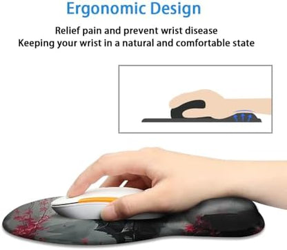 Ergonomic Mouse Pad with Wrist Rest,Comfortable Computer Gel Mouse Pad Wrist Support for Laptop,Pain Relief Mousepad with Non-Slip PU Base Cherry Blossom