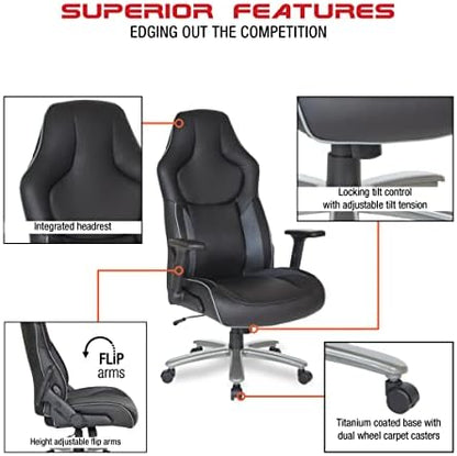 OSP Home Furnishings ECH Series Big and Tall Bonded Leather Gaming Chair for Up to 350 Pounds with Height Adjustable Flip Arms and Metal Base, Grey Mesh