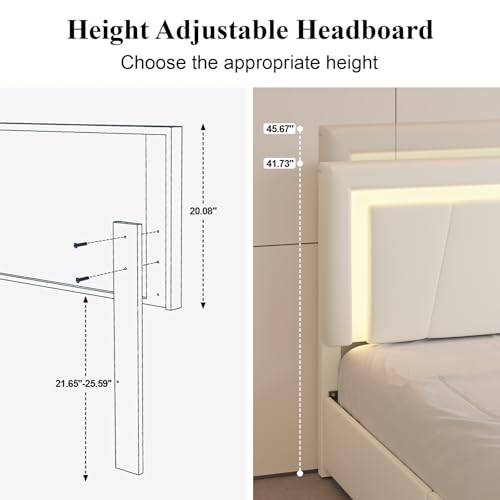 Queen Size Bed Frame with 4 Storage Drawers, LED Light, White Upholstered