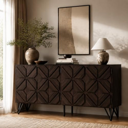 63" Solid Wood Buffet Cabinet with Geometric Doors, Dark Walnut