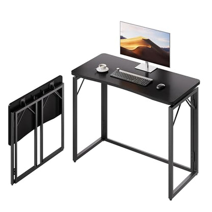 31.5" Black Folding Desk, No Assembly, Wooden Top, Small Size