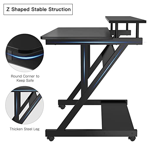 Computer Desk for Small Spaces, 27.5 inch Small Computer Desk, 3 Tier Compact Desk with Monitor Shelf and Bottom Storage Shelves, Space Saving Desk, Black