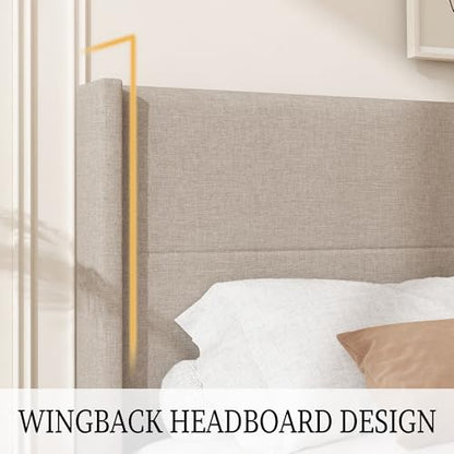 King Size Linen Platform Bed Frame with Wingback Upholstered Headboard