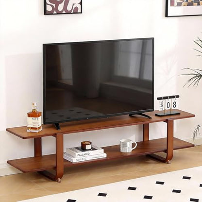 Walnut TV Stand for 65-Inch TVs, 2 Open Shelves, Modern Media Console