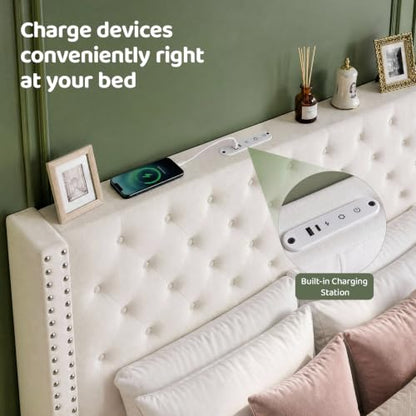 Queen Upholstered Bed Frame with RGB LED Lights and Charging Station