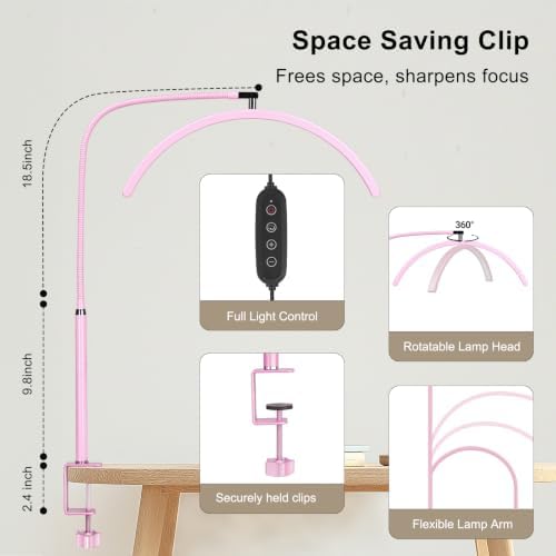Professional Half Moon LED Desk Light for Nail Techs & Artists – Flexible Gooseneck Lamp with Clamp, 3 Color Modes & 5 Brightness Levels for Manicure, Tattoo, Beauty Work