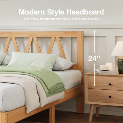 12 Inch Full Size Bed Frame Full Bed Frames with Headboard Solid Wooden BedFrame Foundation, No Box Spring Needed, Easy Assembly, Natural Grain Wood