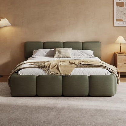 Queen Linen Blend Platform Bed, Thick Headboard and Footboard, Green