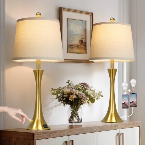 Rinweey 27.5" Gold Lamps Set of 2, Touch Control 3-Way Dimmable Bedside Nightstand Lamps Bedroom Lamp,Modern Gold Table Lamp with USB A+C Ports,Tall Lamps for Living Room End Table Home Office