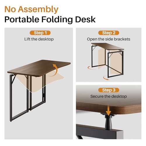 31.5" Brown Folding Desk, No Assembly, Wooden Top, Small Size