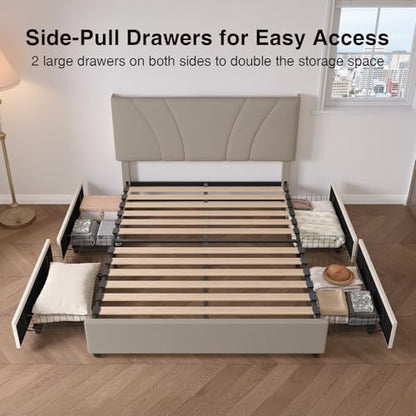 King Size Bed Frame with Drawers/Charging Station/LED Light, Beige