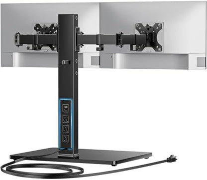 HUANUO Dual Monitor Mount with Power Outlet, Computer Monitor Stand with Sturdy Glass Base, Full Motion Dual Monitor Stand with Adjustable Height, Supports 13″-32″ Displays up to 22 lbs, Easy Setup