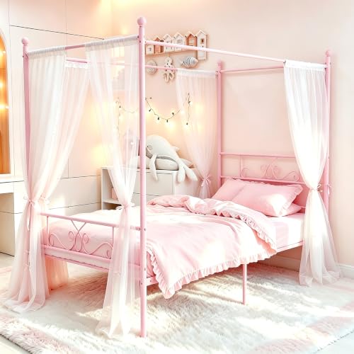 Twin Canopy Bed Frame with Headboard, Metal Twin Beds for Kids, Pink