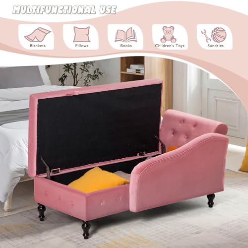 Velvet Chaise Lounge w/Left Armrest & Storage Space, Pink